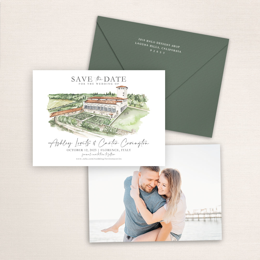 Custom watercolor Save the Date card featuring hand-painted venue illustration of Villa Corsini a Messomonte in Florence, Italy, personalized wedding stationery with elegant venue artwork with matching envelope.