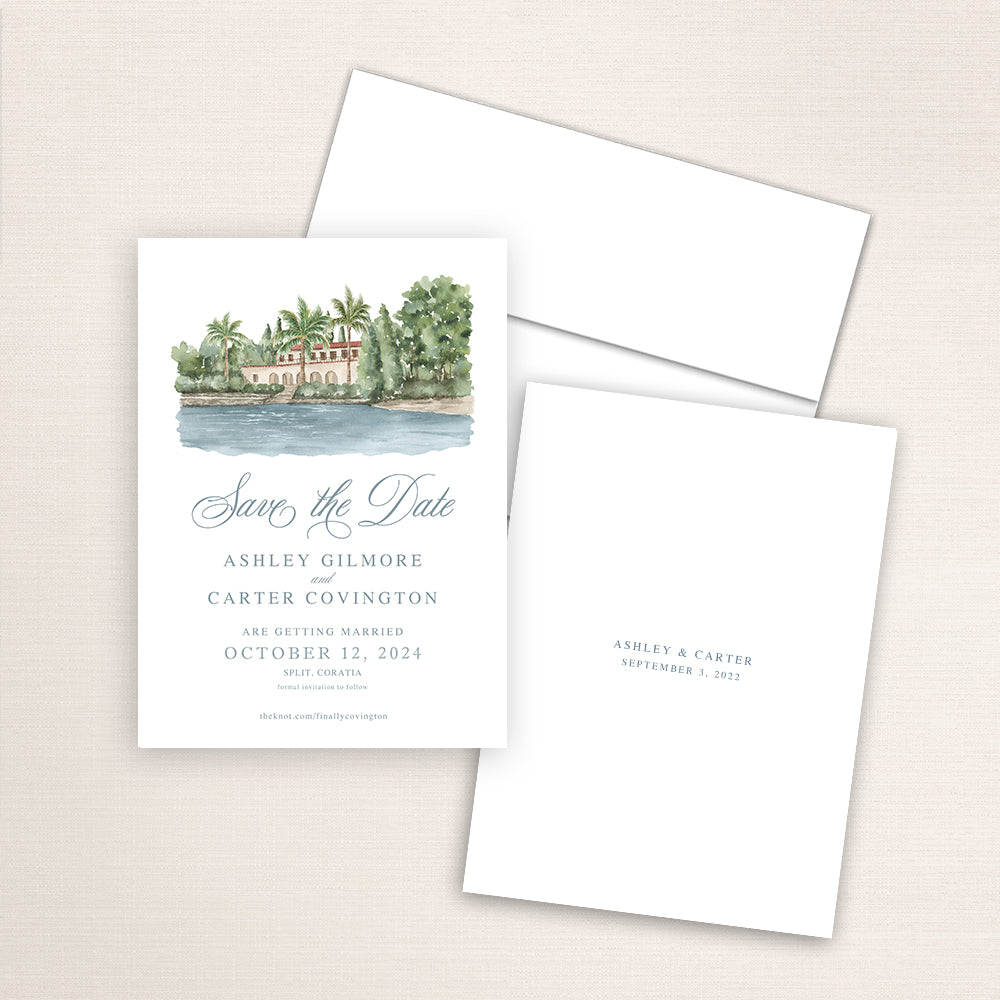 Custom watercolor Save the Date card featuring hand-painted venue illustration of Villa Dalmacija in Split, Croatia, personalized wedding stationery with elegant venue artwork. 