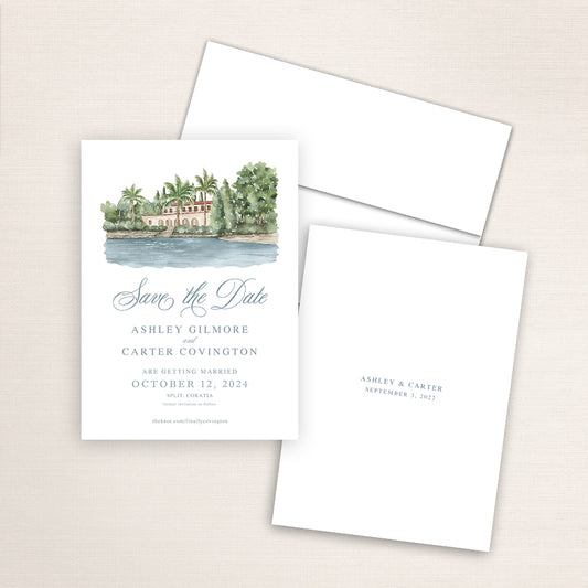 Custom watercolor Save the Date card featuring hand-painted venue illustration of Villa Dalmacija in Split, Croatia, personalized wedding stationery with elegant venue artwork. 