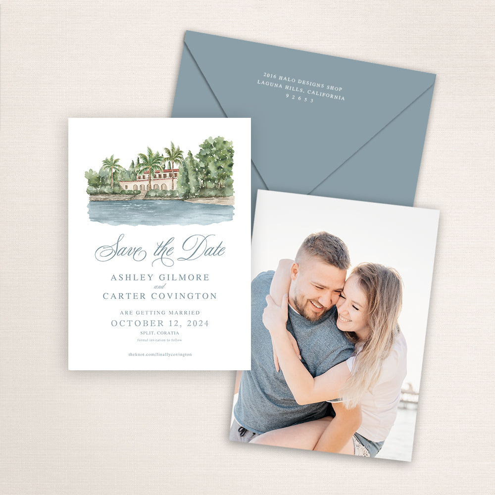 Custom watercolor Save the Date card featuring hand-painted venue illustration of Villa Dalmacija in Split, Croatia, personalized wedding stationery with elegant venue artwork with matching envelope.