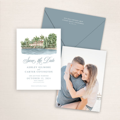 Custom watercolor Save the Date card featuring hand-painted venue illustration of Villa Dalmacija in Split, Croatia, personalized wedding stationery with elegant venue artwork with matching envelope.