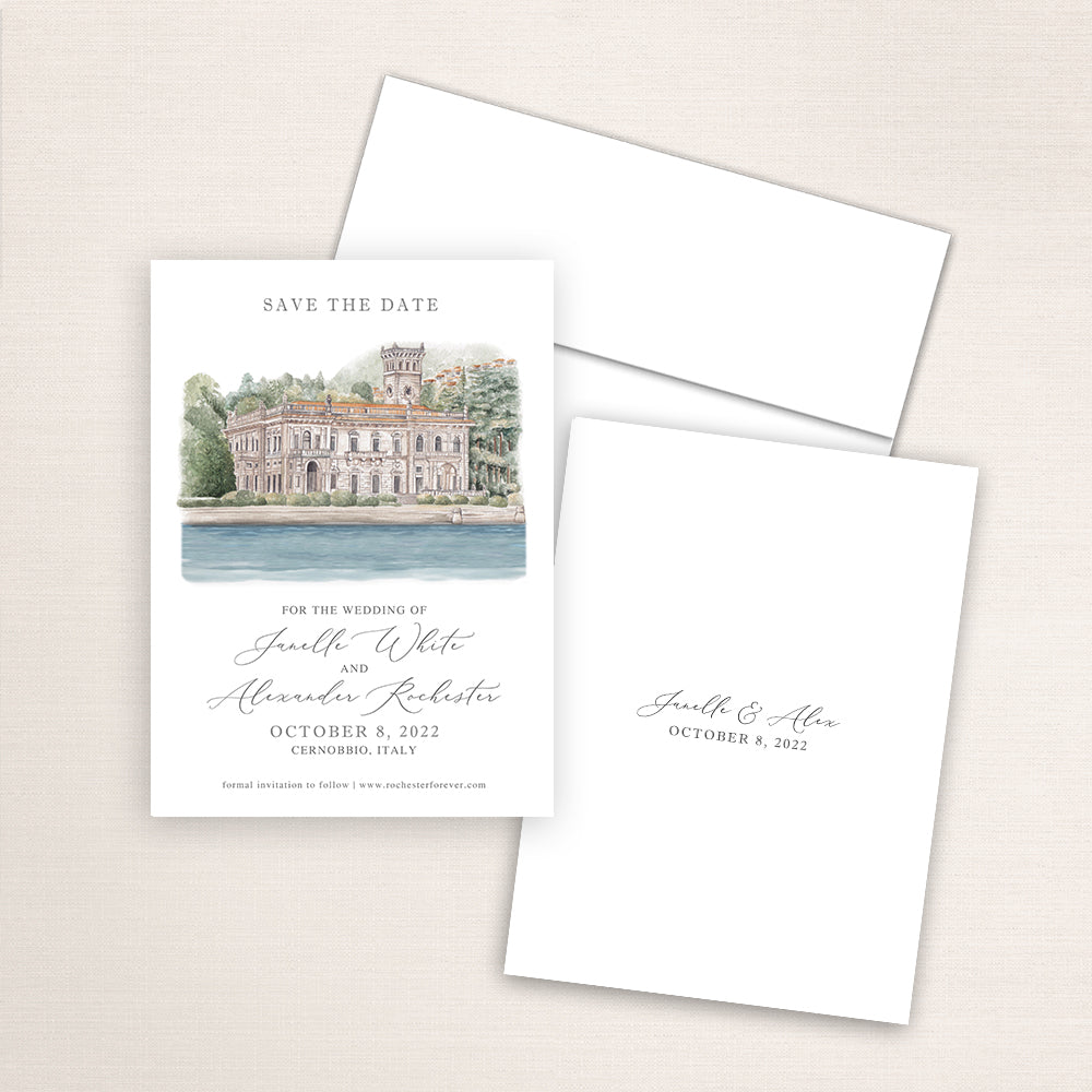 Custom watercolor Save the Date card featuring hand-painted venue illustration of Villa Erba in Cernobbio, Italy, personalized wedding stationery with elegant venue artwork.