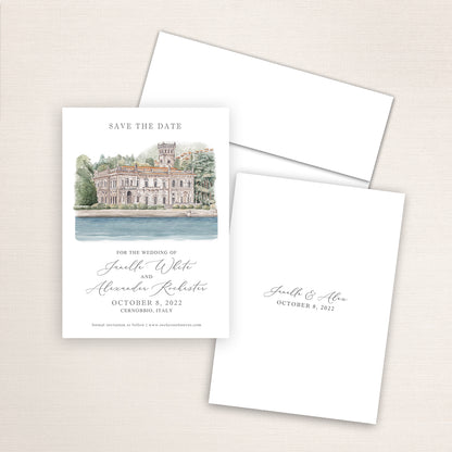 Custom watercolor Save the Date card featuring hand-painted venue illustration of Villa Erba in Cernobbio, Italy, personalized wedding stationery with elegant venue artwork.