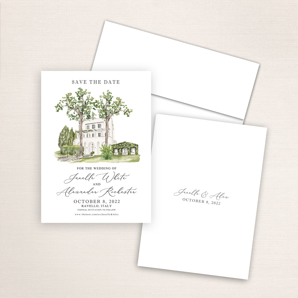 Custom watercolor Save the Date card featuring hand-painted venue illustration of Villa Eva in Ravello, Italy, personalized wedding stationery with elegant venue artwork. 