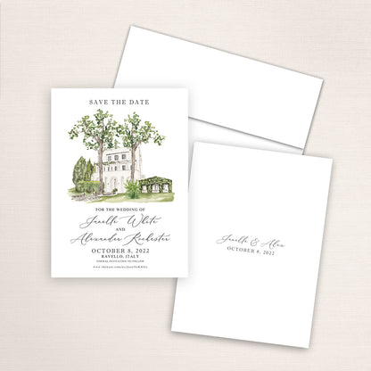 Custom watercolor Save the Date card featuring hand-painted venue illustration of Villa Eva in Ravello, Italy, personalized wedding stationery with elegant venue artwork. 