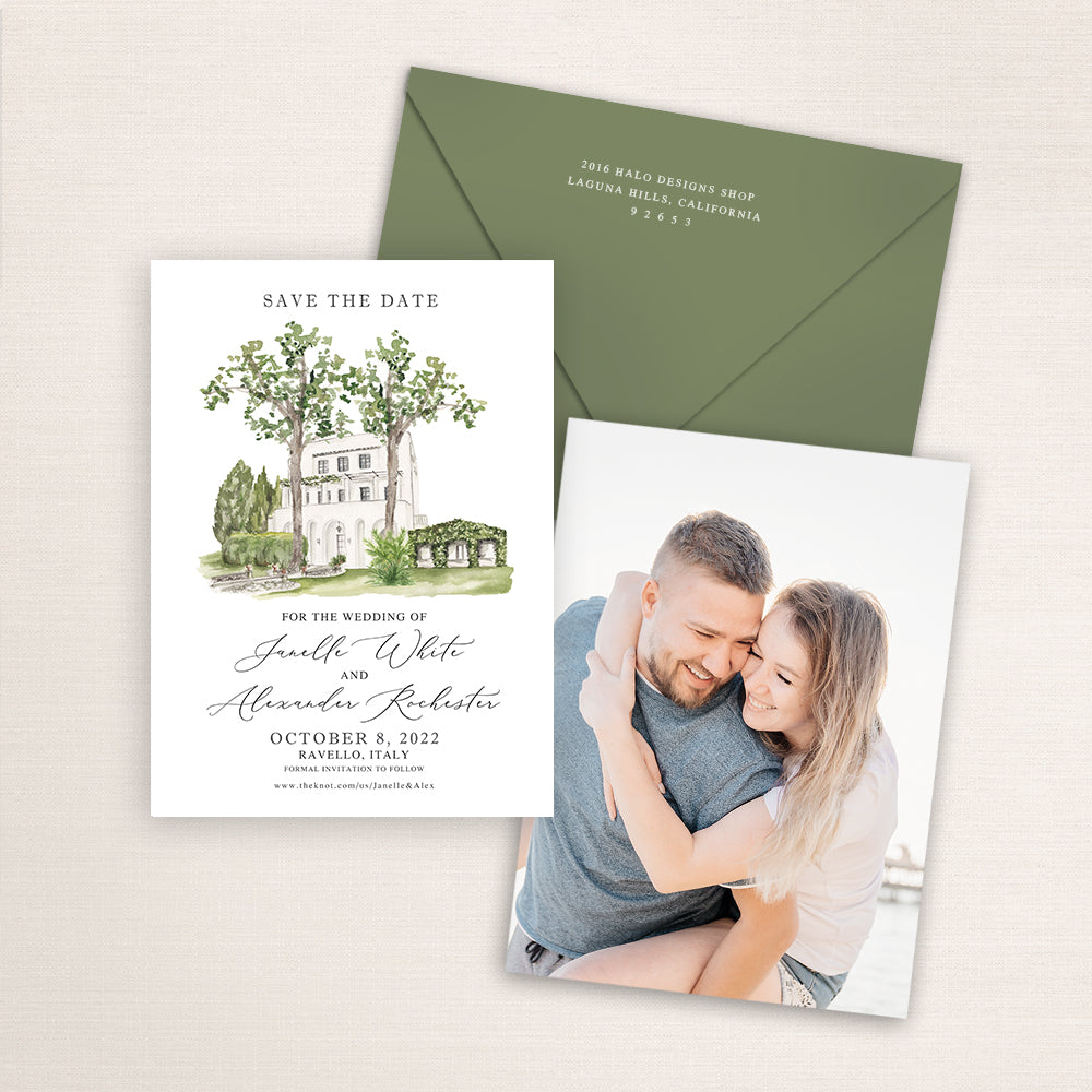 Custom watercolor Save the Date card featuring hand-painted venue illustration of Villa Eva in Ravello, Italy, personalized wedding stationery with elegant venue artwork with matching envelope.