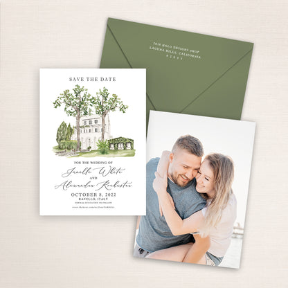 Custom watercolor Save the Date card featuring hand-painted venue illustration of Villa Eva in Ravello, Italy, personalized wedding stationery with elegant venue artwork with matching envelope.