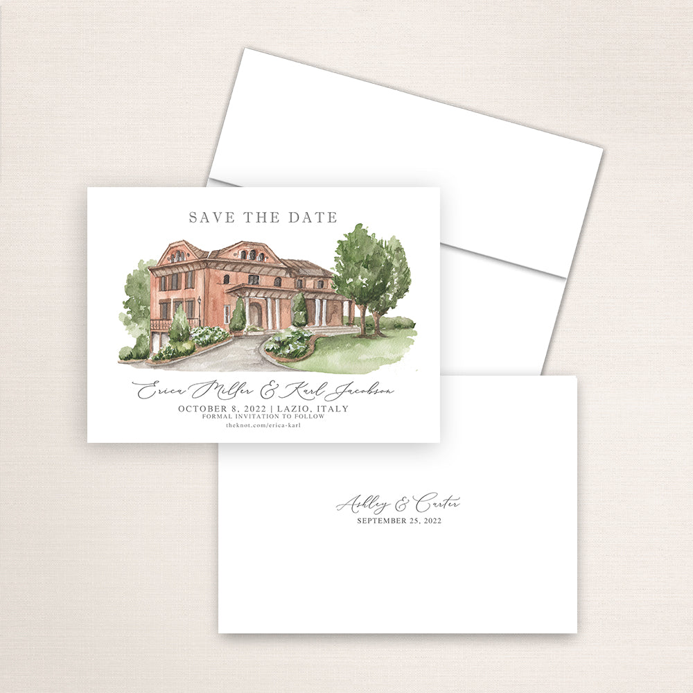 Custom watercolor Save the Date card featuring hand-painted venue illustration of Villa Grottaferrata in Lazio, Italy, personalized wedding stationery with elegant venue artwork. 