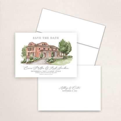 Custom watercolor Save the Date card featuring hand-painted venue illustration of Villa Grottaferrata in Lazio, Italy, personalized wedding stationery with elegant venue artwork. 
