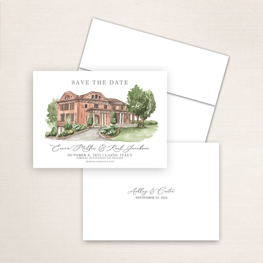 Custom watercolor Save the Date card featuring hand-painted venue illustration of Villa Grottaferrata in Lazio, Italy, personalized wedding stationery with elegant venue artwork. 