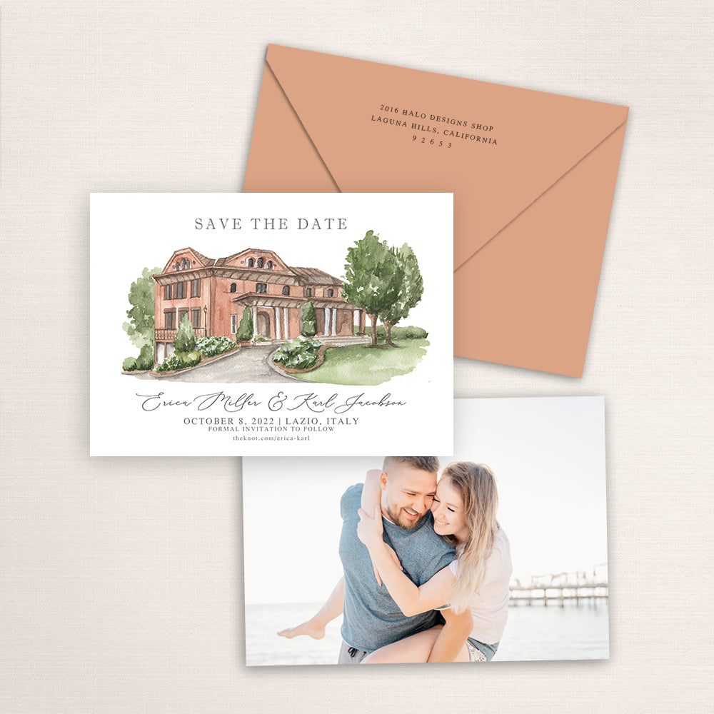Custom watercolor Save the Date card featuring hand-painted venue illustration of Villa Grottaferrata in Lazio, Italy, personalized wedding stationery with elegant venue artwork with matching envelope.