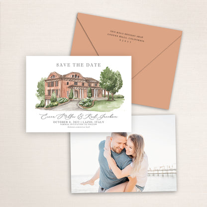 Custom watercolor Save the Date card featuring hand-painted venue illustration of Villa Grottaferrata in Lazio, Italy, personalized wedding stationery with elegant venue artwork with matching envelope.