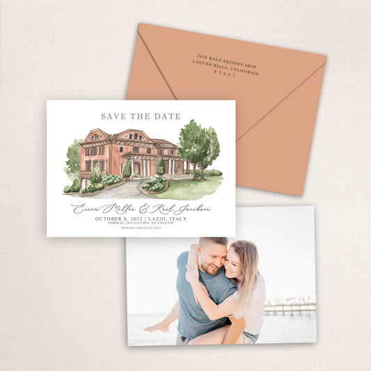 Custom watercolor Save the Date card featuring hand-painted venue illustration of Villa Grottaferrata in Lazio, Italy, personalized wedding stationery with elegant venue artwork with matching envelope.