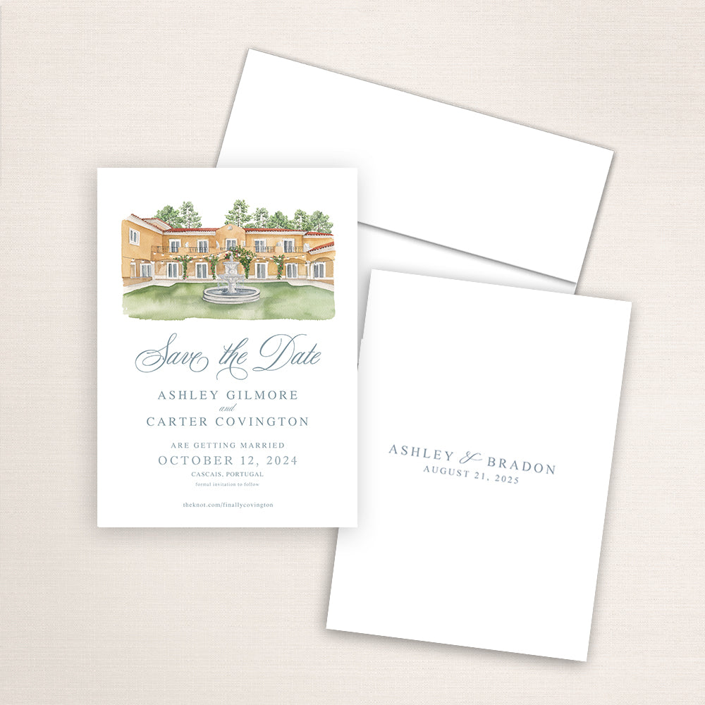 Custom watercolor Save the Date card featuring hand-painted venue illustration of Villa Guia in Cascais, Portugal, personalized wedding stationery with elegant venue artwork.