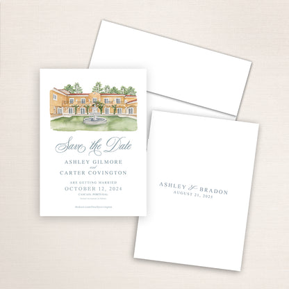 Custom watercolor Save the Date card featuring hand-painted venue illustration of Villa Guia in Cascais, Portugal, personalized wedding stationery with elegant venue artwork.