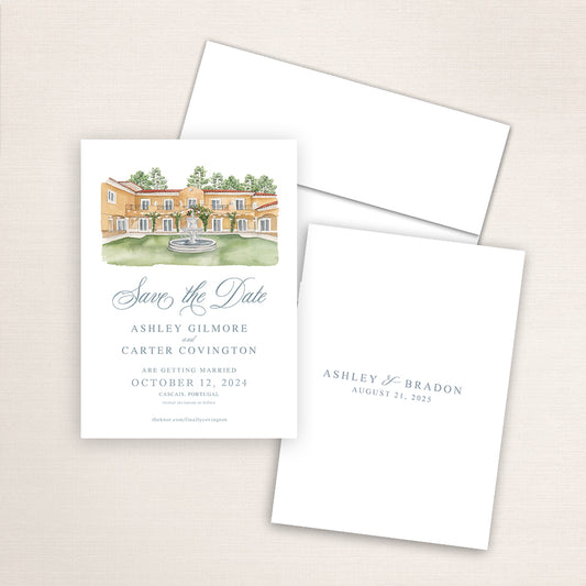 Custom watercolor Save the Date card featuring hand-painted venue illustration of Villa Guia in Cascais, Portugal, personalized wedding stationery with elegant venue artwork.