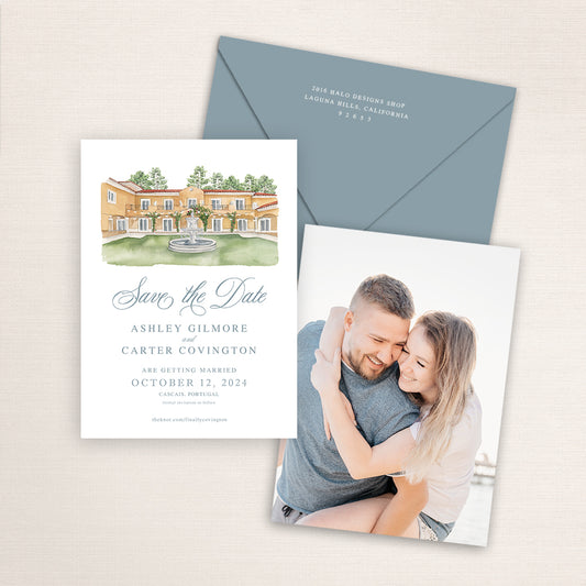 Custom watercolor Save the Date card featuring hand-painted venue illustration of Villa Guia in Cascais, Portugal, personalized wedding stationery with elegant venue artwork with matching envelope.