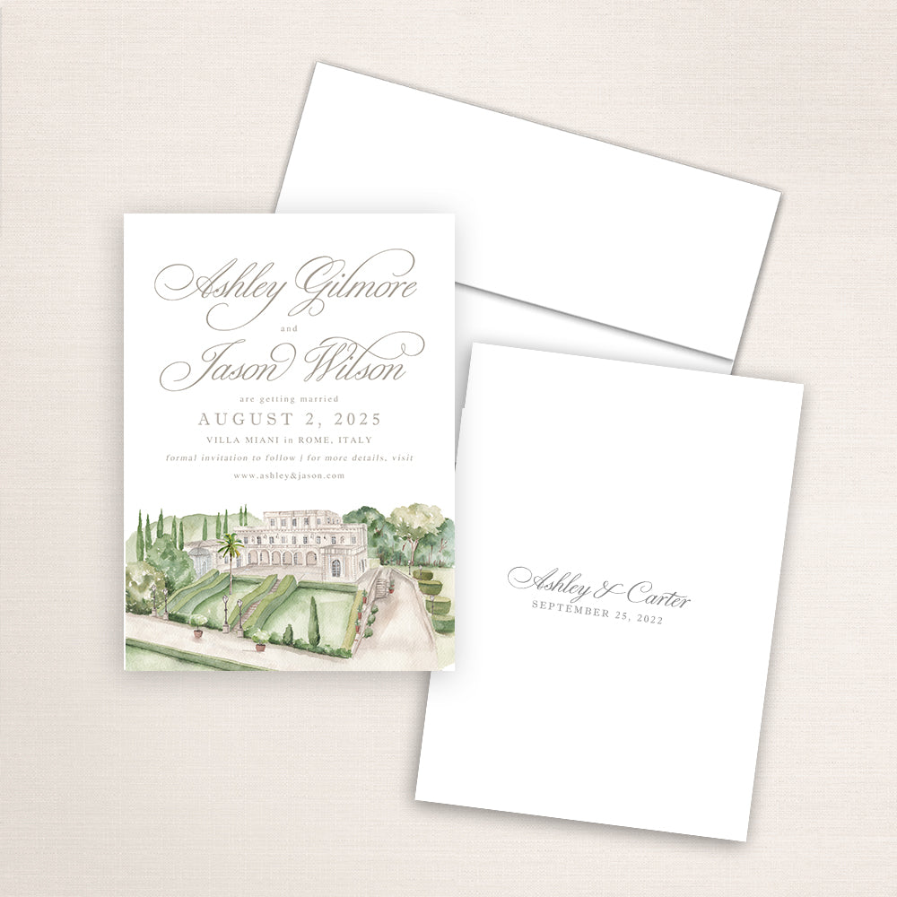 Custom watercolor Save the Date card featuring hand-painted venue illustration of Villa Miani in Rome, Italy, personalized wedding stationery with elegant venue artwork. 