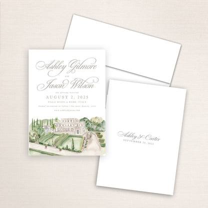 Custom watercolor Save the Date card featuring hand-painted venue illustration of Villa Miani in Rome, Italy, personalized wedding stationery with elegant venue artwork. 