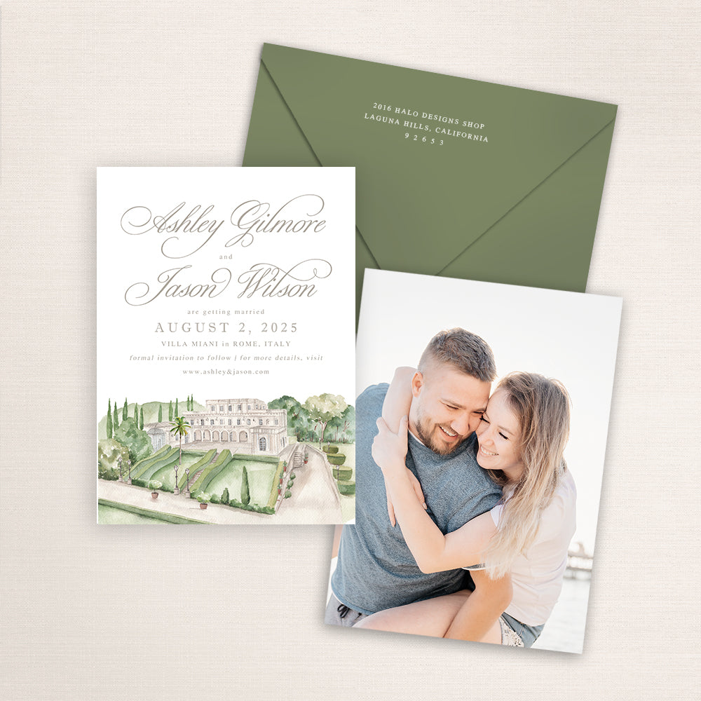 Custom watercolor Save the Date card featuring hand-painted venue illustration of Villa Miani in Rome, Italy, personalized wedding stationery with elegant venue artwork with matching envelope. 