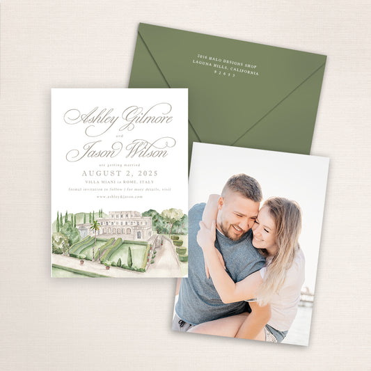 Custom watercolor Save the Date card featuring hand-painted venue illustration of Villa Miani in Rome, Italy, personalized wedding stationery with elegant venue artwork with matching envelope. 