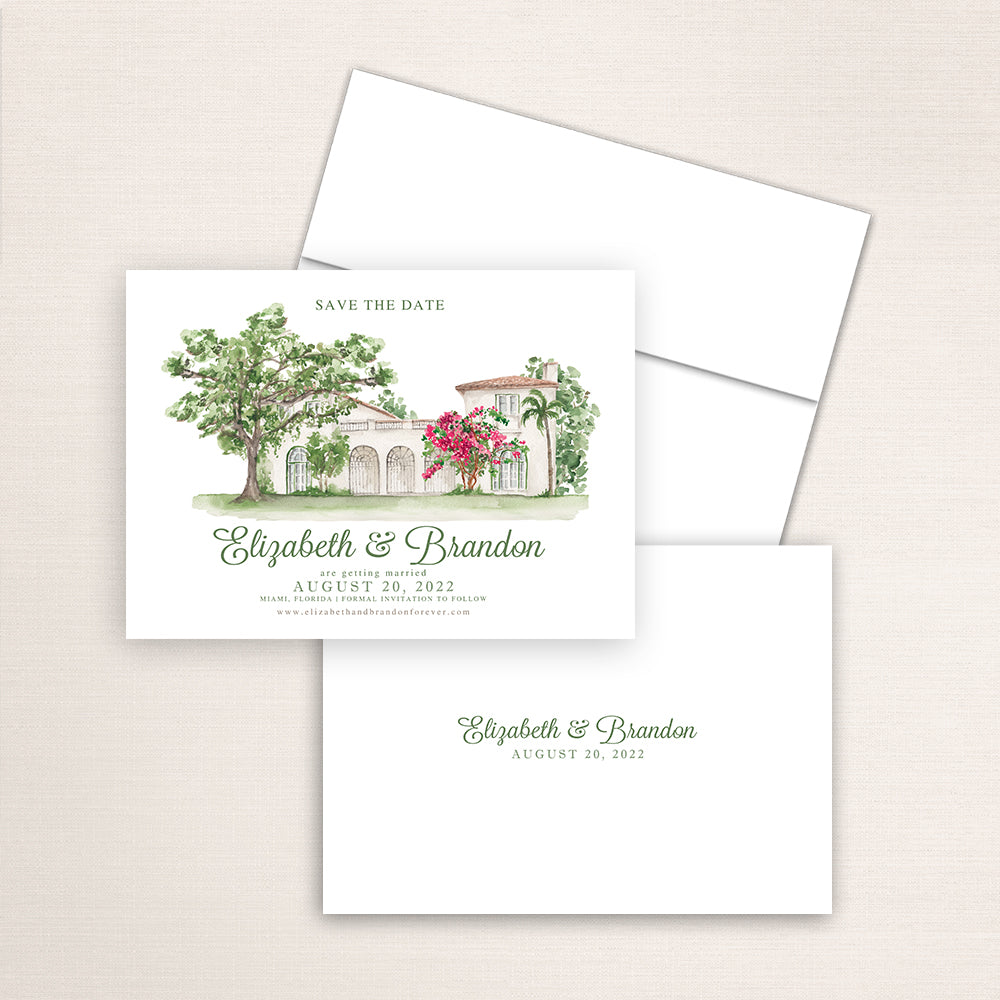 Custom watercolor Save the Date card featuring hand-painted venue illustration of Villa Woodbine in Miami, Florida, personalized wedding stationery with elegant venue artwork. 