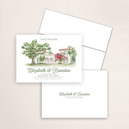 Custom watercolor Save the Date card featuring hand-painted venue illustration of Villa Woodbine in Miami, Florida, personalized wedding stationery with elegant venue artwork. 