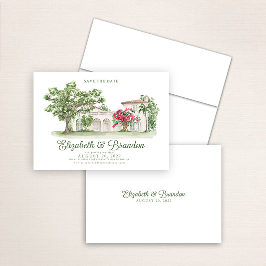 Custom watercolor Save the Date card featuring hand-painted venue illustration of Villa Woodbine in Miami, Florida, personalized wedding stationery with elegant venue artwork. 