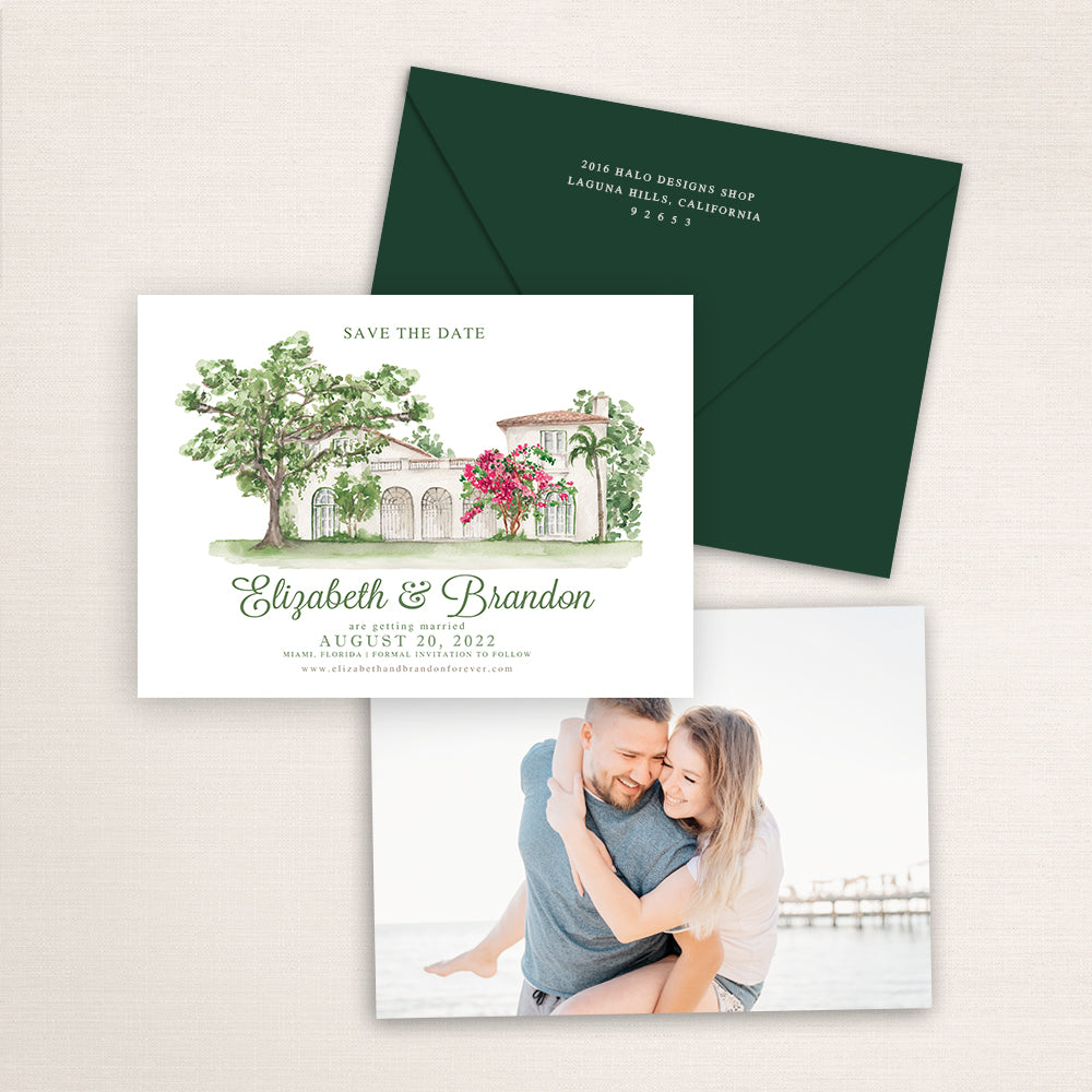 Custom watercolor Save the Date card featuring hand-painted venue illustration of Villa Woodbine in Miami, Florida, personalized wedding stationery with elegant venue artwork with matching envelope.