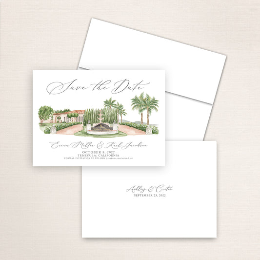 Custom watercolor Save the Date card featuring hand-painted venue illustration of Villa de Amore in Temecula, California, personalized wedding stationery with elegant venue artwork. 