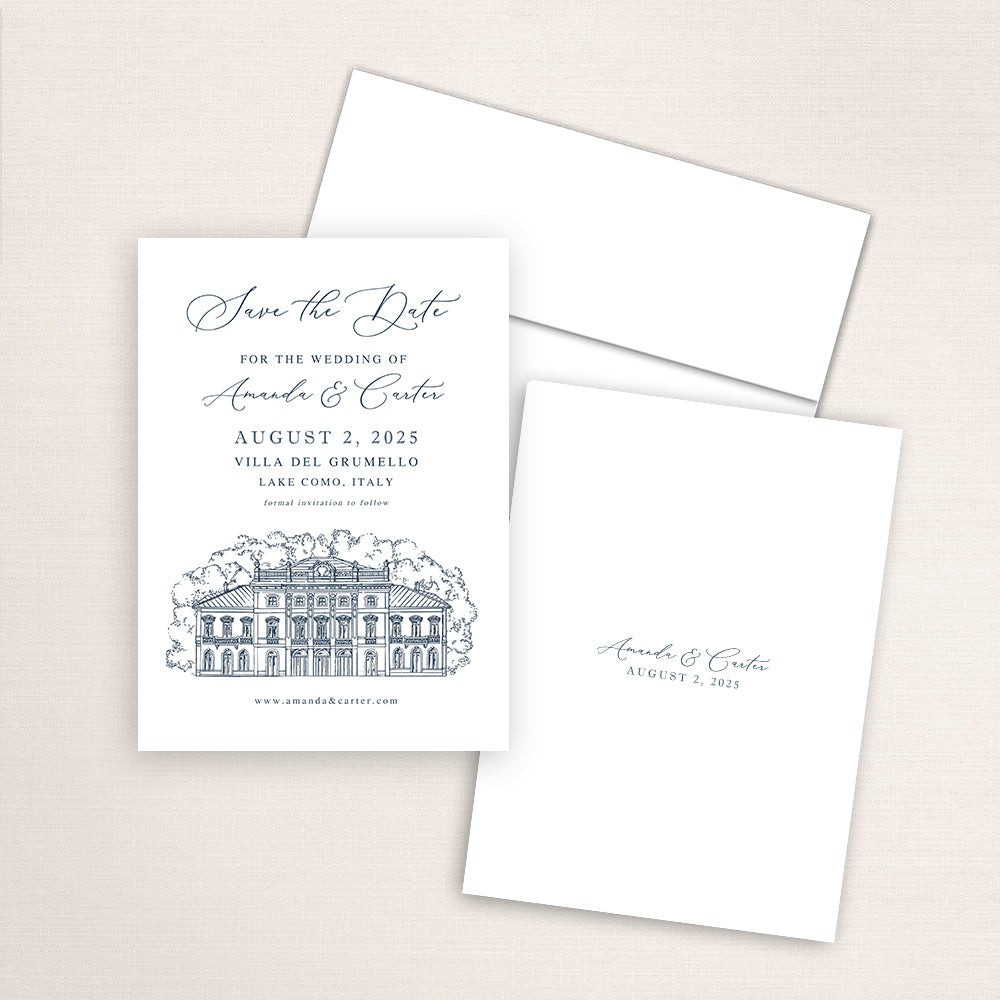 Villa del Grumello save the date featuring an elegant navy line illustration of the historic Lake Como villa in Italy, paired with classic script typography announcing the wedding date and location, with a minimalist back printed with the couple’s names and date.