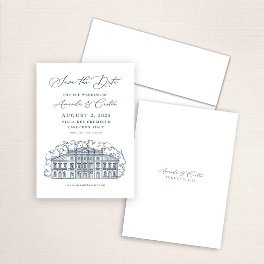 Villa del Grumello save the date featuring an elegant navy line illustration of the historic Lake Como villa in Italy, paired with classic script typography announcing the wedding date and location, with a minimalist back printed with the couple’s names and date.