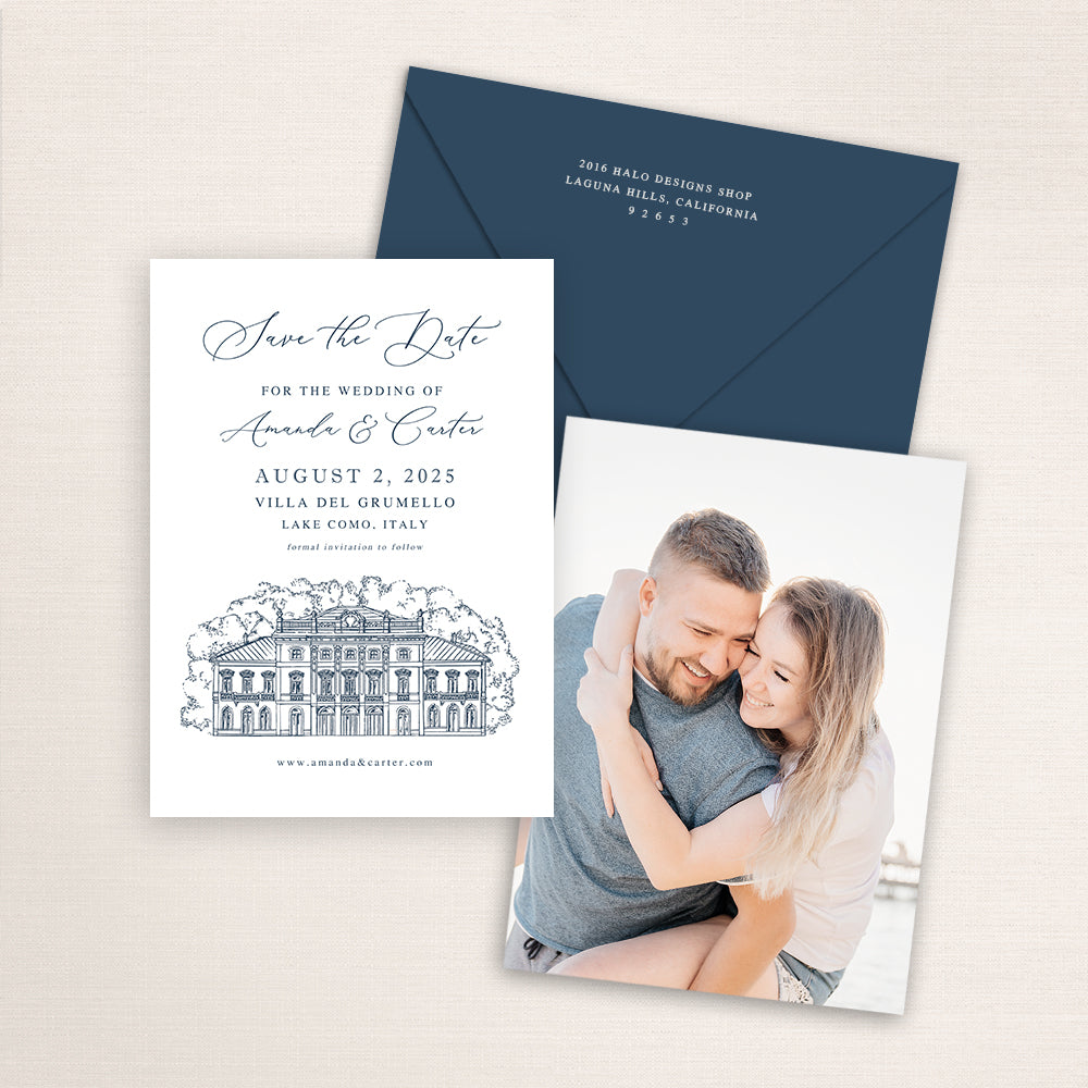 Villa del Grumello Lake Como wedding save the date with refined navy line illustration of the Italian villa, elegant calligraphy typography, a navy envelope, and an engagement photo of the couple printed on the back of the card.