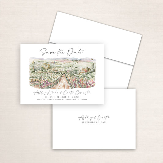Custom watercolor Save the Date card featuring hand-painted illustration of a vineyard on personalized wedding stationery with elegant venue artwork
