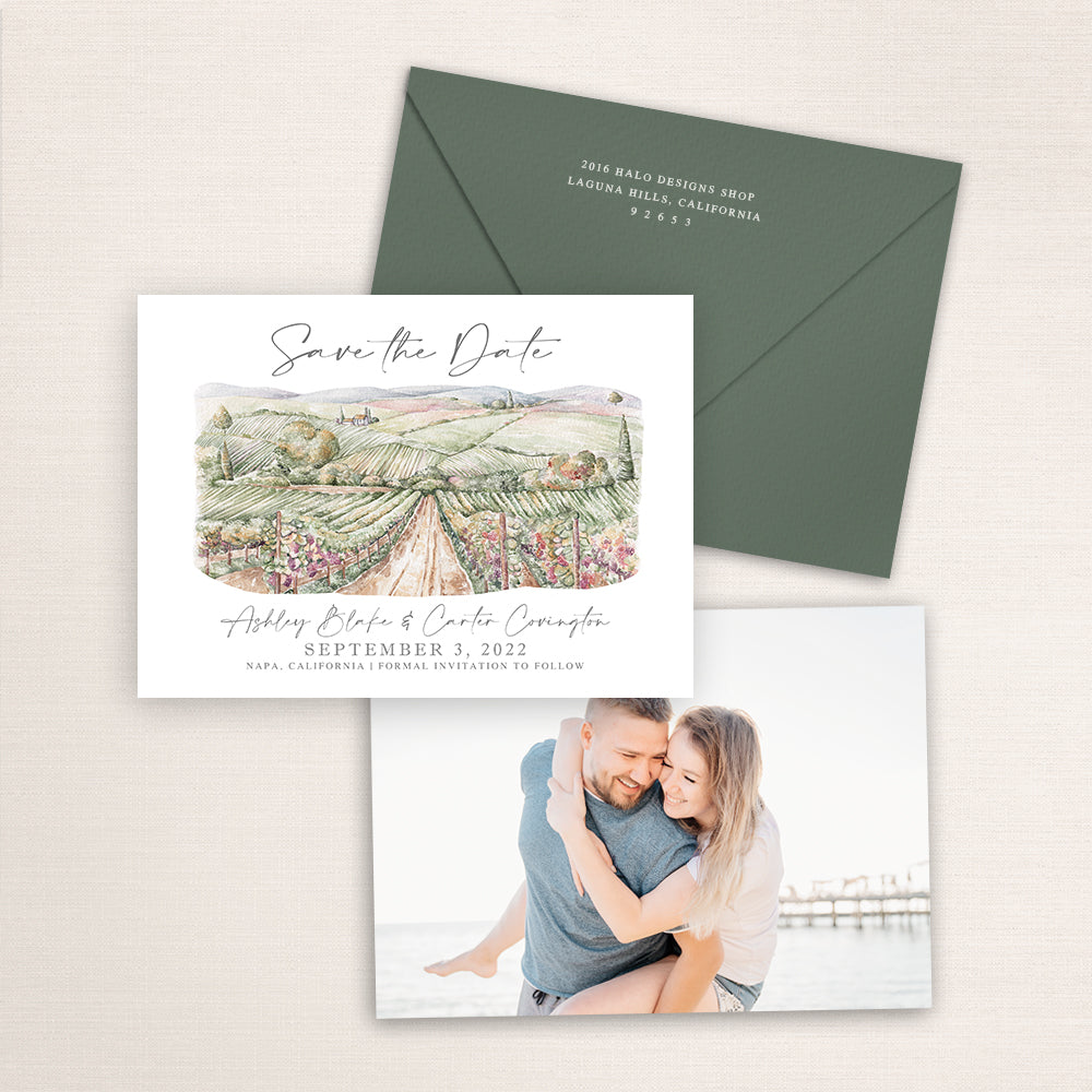 Custom watercolor Save the Date card featuring hand-painted illustration of a vineyard on personalized wedding stationery with elegant venue artwork with matching envelopes.
