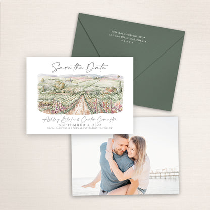 Custom watercolor Save the Date card featuring hand-painted illustration of a vineyard on personalized wedding stationery with elegant venue artwork with matching envelopes.