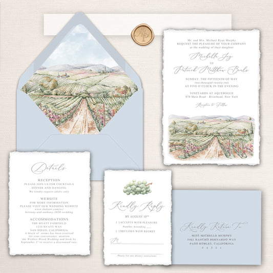 Vineyard wedding invitation suite with watercolor vineyard illustration, vineyard envelope liner, grape motif RSVP card, and matching detail insert.
