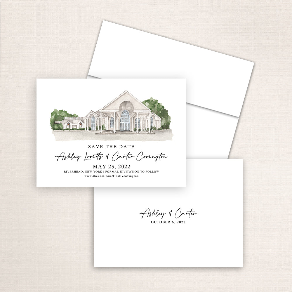 Custom watercolor Save the Date card featuring hand-painted venue illustration of Vineyards at Aquebogue in Riverhead, New York, personalized wedding stationery with elegant venue artwork.