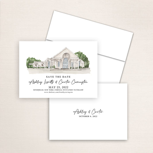 Custom watercolor Save the Date card featuring hand-painted venue illustration of Vineyards at Aquebogue in Riverhead, New York, personalized wedding stationery with elegant venue artwork.