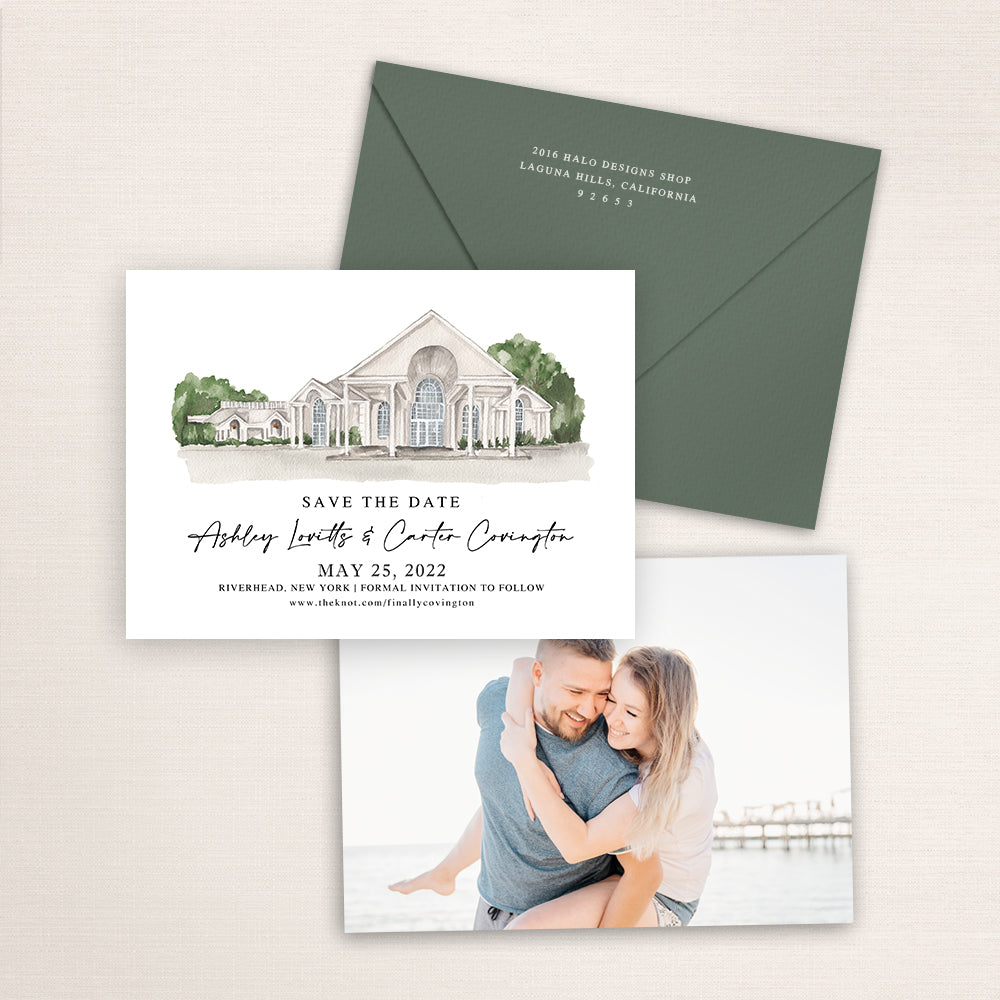 Custom watercolor Save the Date card featuring hand-painted venue illustration of Vineyards at Aquebogue in Riverhead, New York, personalized wedding stationery with elegant venue artwork with matching envelope.