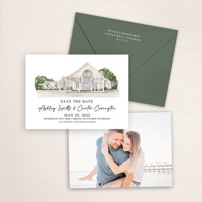 Custom watercolor Save the Date card featuring hand-painted venue illustration of Vineyards at Aquebogue in Riverhead, New York, personalized wedding stationery with elegant venue artwork with matching envelope.
