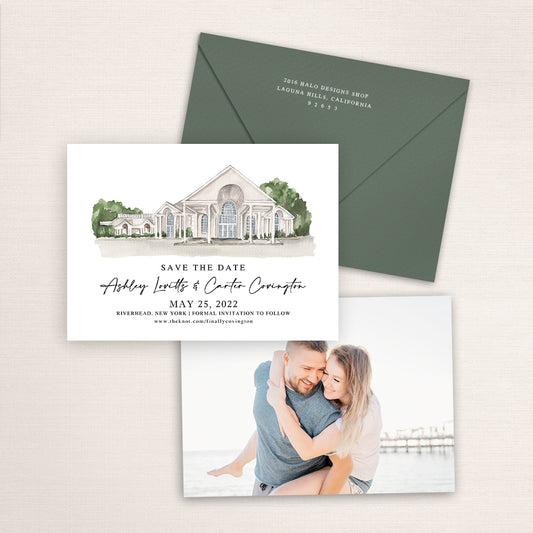 Custom watercolor Save the Date card featuring hand-painted venue illustration of Vineyards at Aquebogue in Riverhead, New York, personalized wedding stationery with elegant venue artwork with matching envelope.