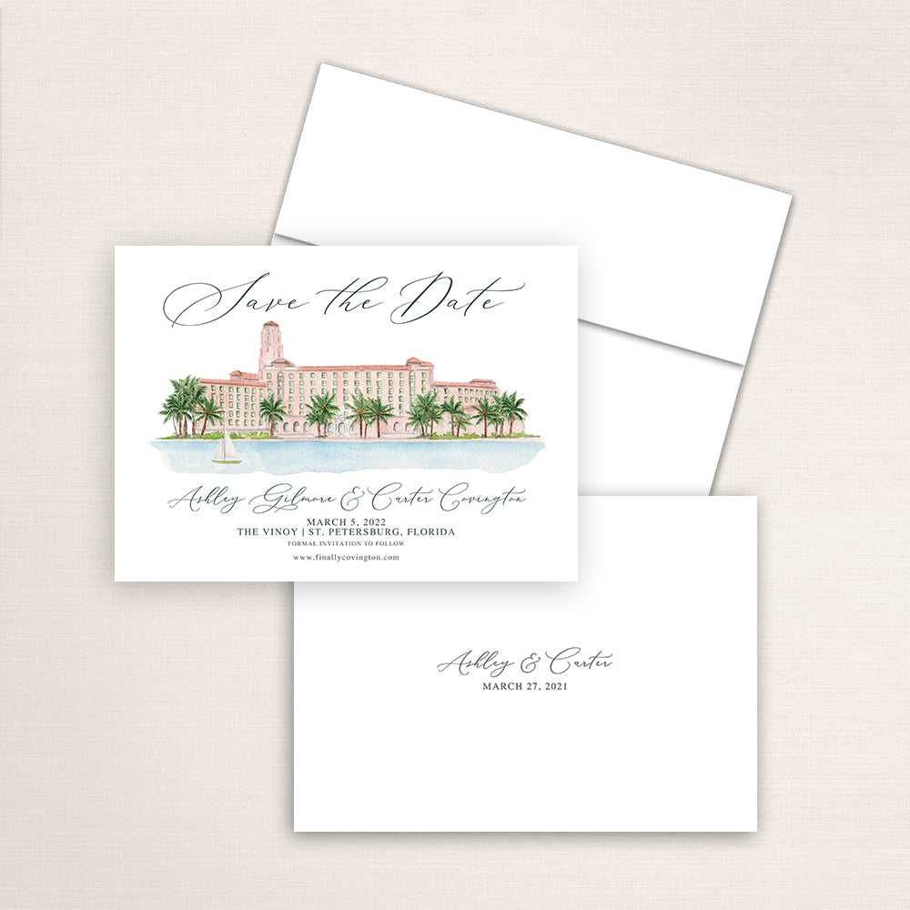 Custom watercolor Save the Date card featuring hand-painted venue illustration of the Vinoy in St. Petersburg, Florida, personalized wedding stationery with elegant venue artwork. 