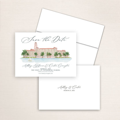 Custom watercolor Save the Date card featuring hand-painted venue illustration of the Vinoy in St. Petersburg, Florida, personalized wedding stationery with elegant venue artwork. 