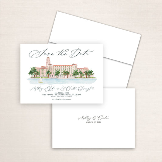 Custom watercolor Save the Date card featuring hand-painted venue illustration of the Vinoy in St. Petersburg, Florida, personalized wedding stationery with elegant venue artwork. 