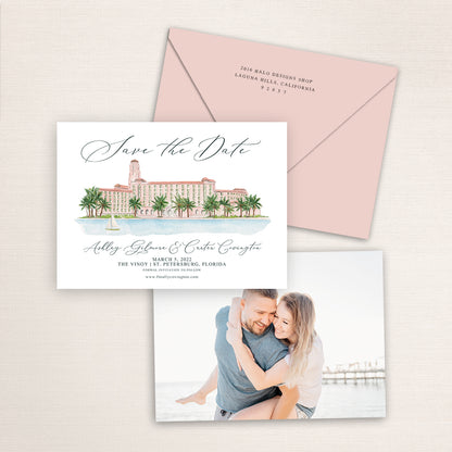 Custom watercolor Save the Date card featuring hand-painted venue illustration of the Vinoy in St. Petersburg, Florida, personalized wedding stationery with elegant venue artwork with matching envelope.