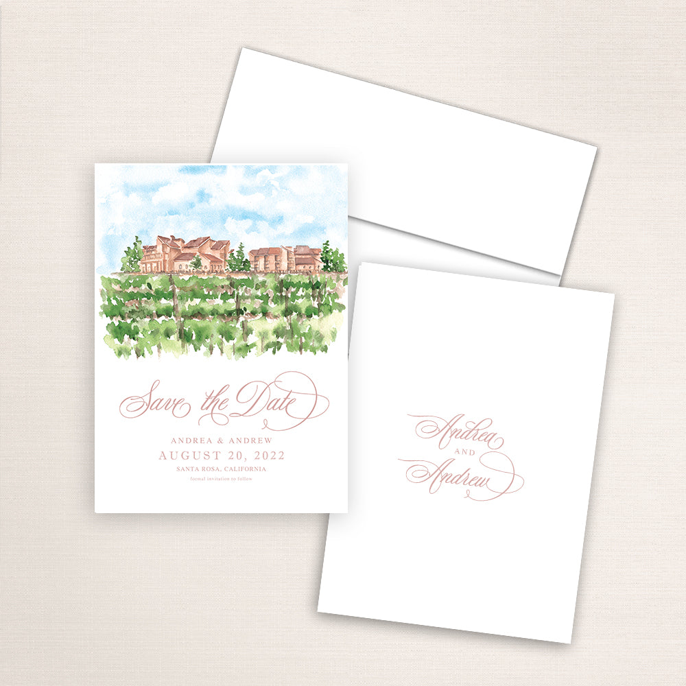 Custom watercolor Save the Date card featuring hand-painted venue illustration of Vintners Resort in Santa Rosa, California, personalized wedding stationery with elegant venue artwork.