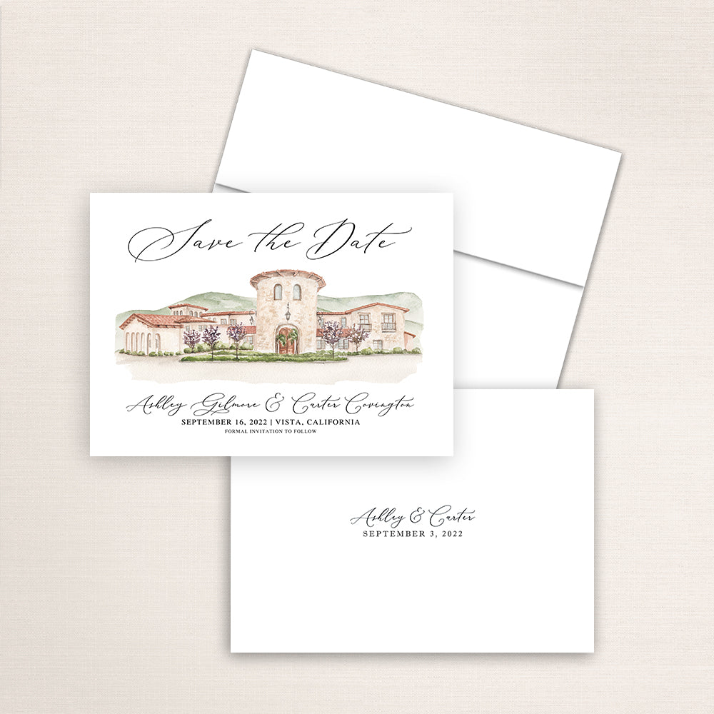 Custom watercolor Save the Date card featuring hand-painted venue illustration of Vista Valley Country Club in Vista, California, personalized wedding stationery with elegant venue artwork.