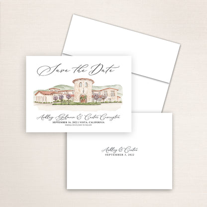 Custom watercolor Save the Date card featuring hand-painted venue illustration of Vista Valley Country Club in Vista, California, personalized wedding stationery with elegant venue artwork.