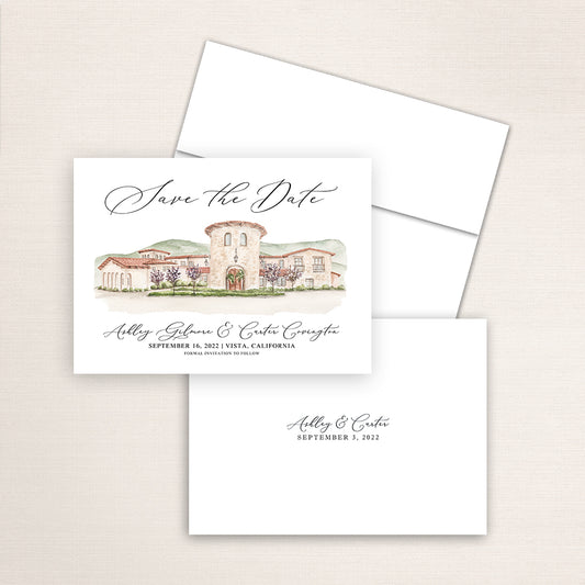 Custom watercolor Save the Date card featuring hand-painted venue illustration of Vista Valley Country Club in Vista, California, personalized wedding stationery with elegant venue artwork.